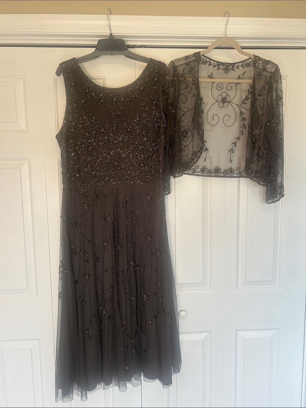 Pisarro Nights Charcoal Beaded Maxi Dress with Sheer Embellished Jacket